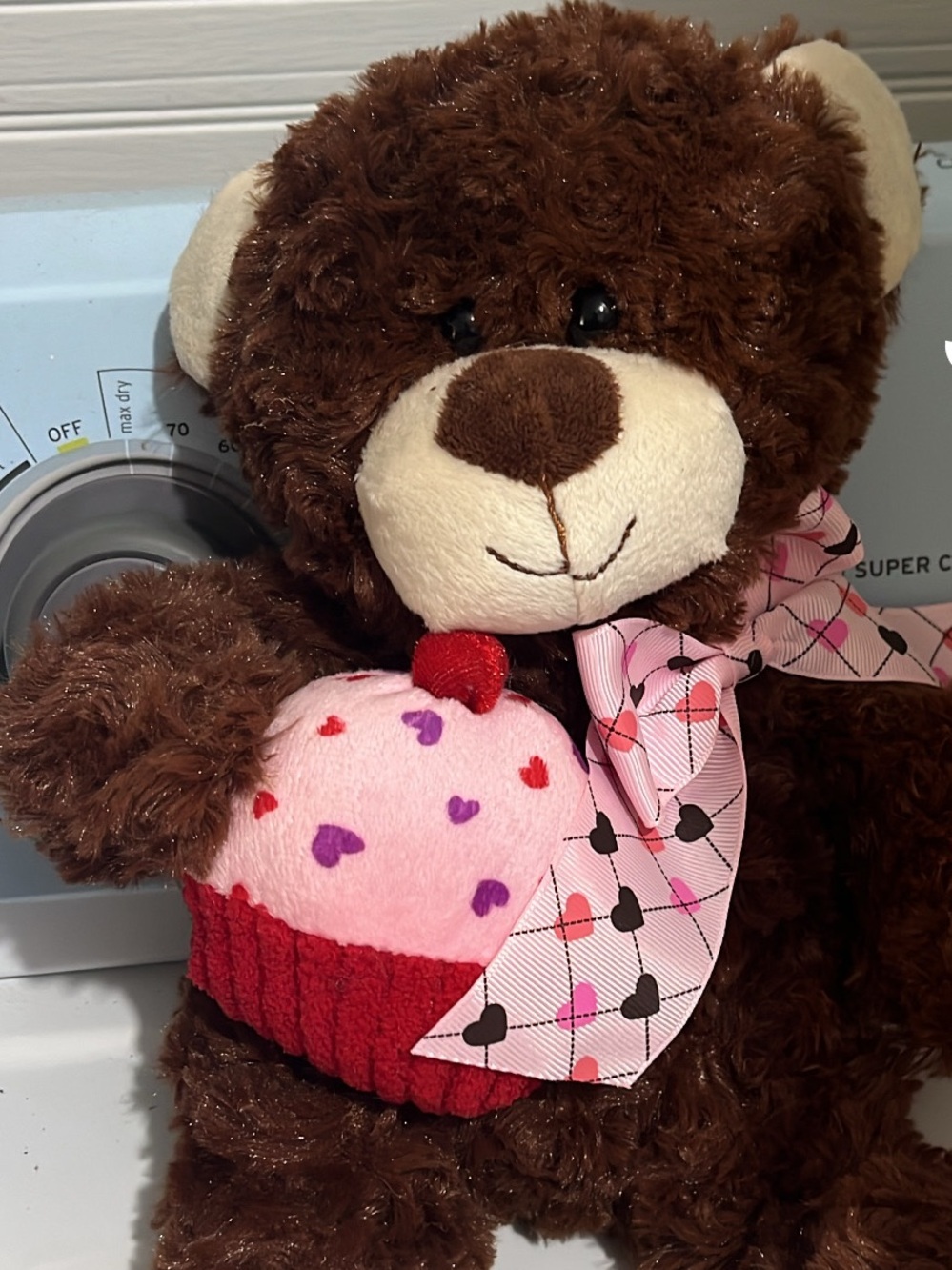 Plush Brown Teddy Bear with Pink Heart Cupcake